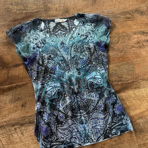 Women's Unity World Wear Blue Black Paisley Short Sleeve Tee S